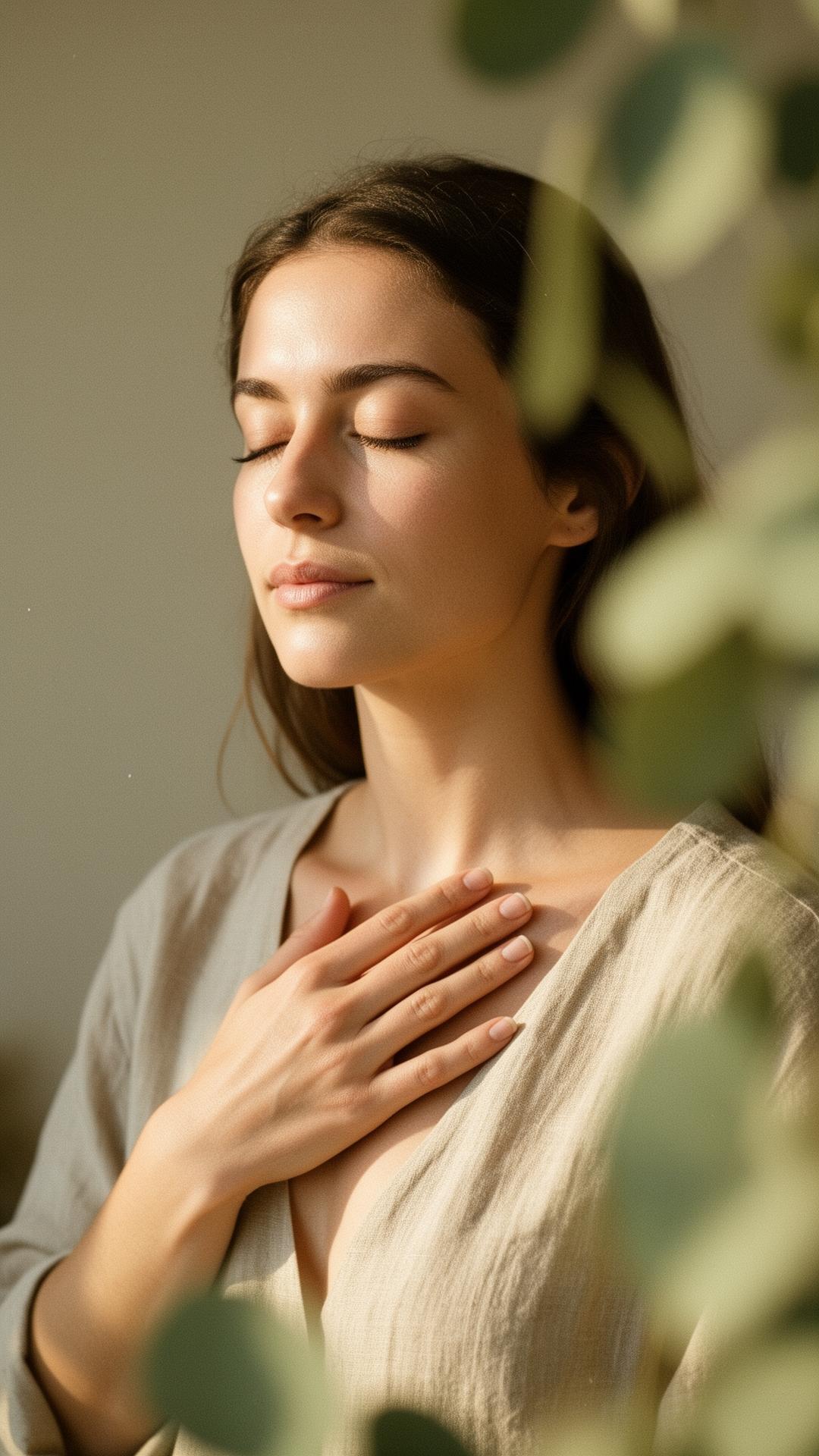 Woman in soft natural light practicing a calm wellness ritual